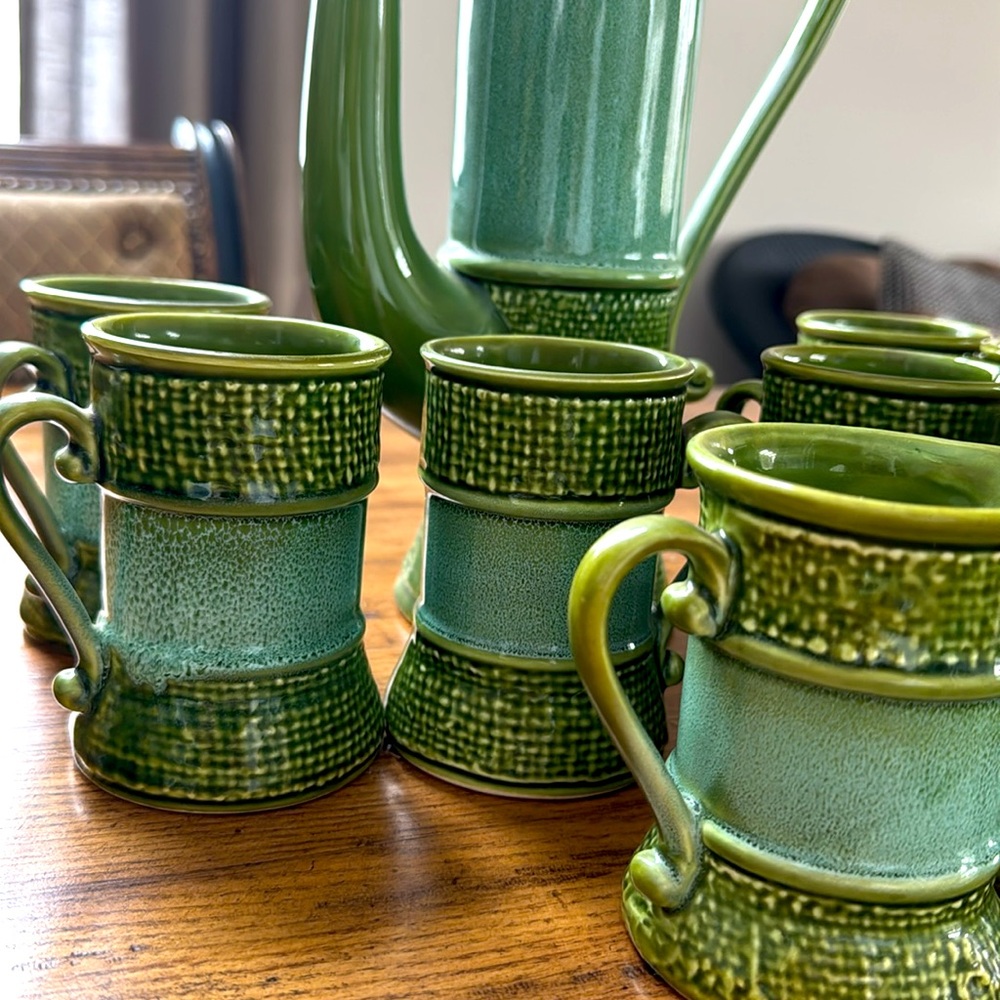 Vintage MCM Green Ceramic Coffee Set | Carafe 16 1/2 tall by 8 1/2 wide - Picture 9 of 17